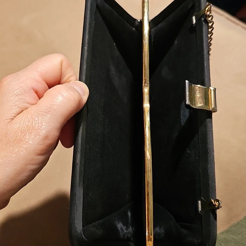 VINTAGE Purse Evening Satin Black Gold Chain Clutch Dance Party